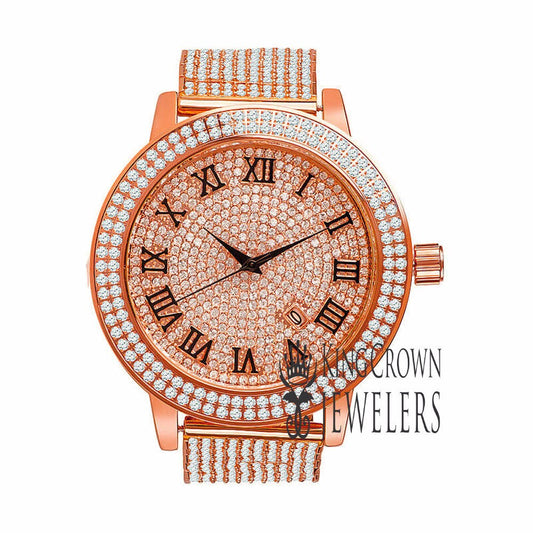 Roman Numeral Dail Mens Custom Watch JoJino/Joe Rodeo Rose Gold Tone Simulated Diamond 10 Row Iced Out Band