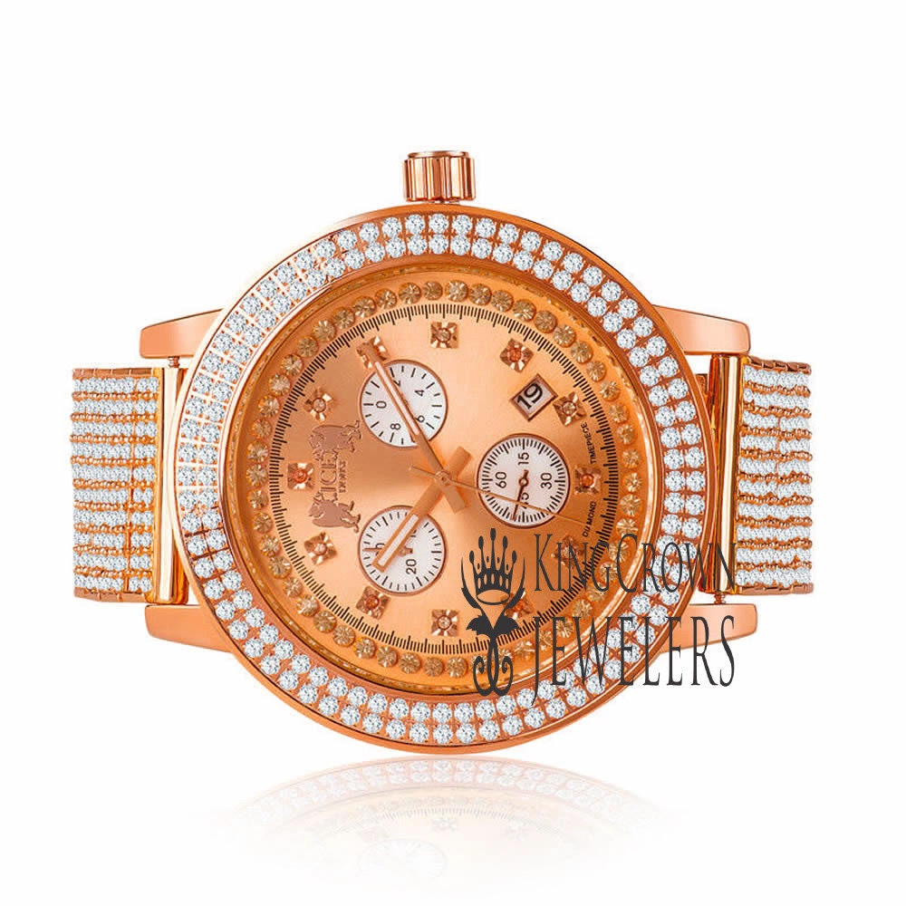 Rose Gold Tone Mens Jojino/Jojo/Joe Rodeo Real Diamond Dial Custom 2 Row Steel Bezel 10 Row Band Watch W/Date