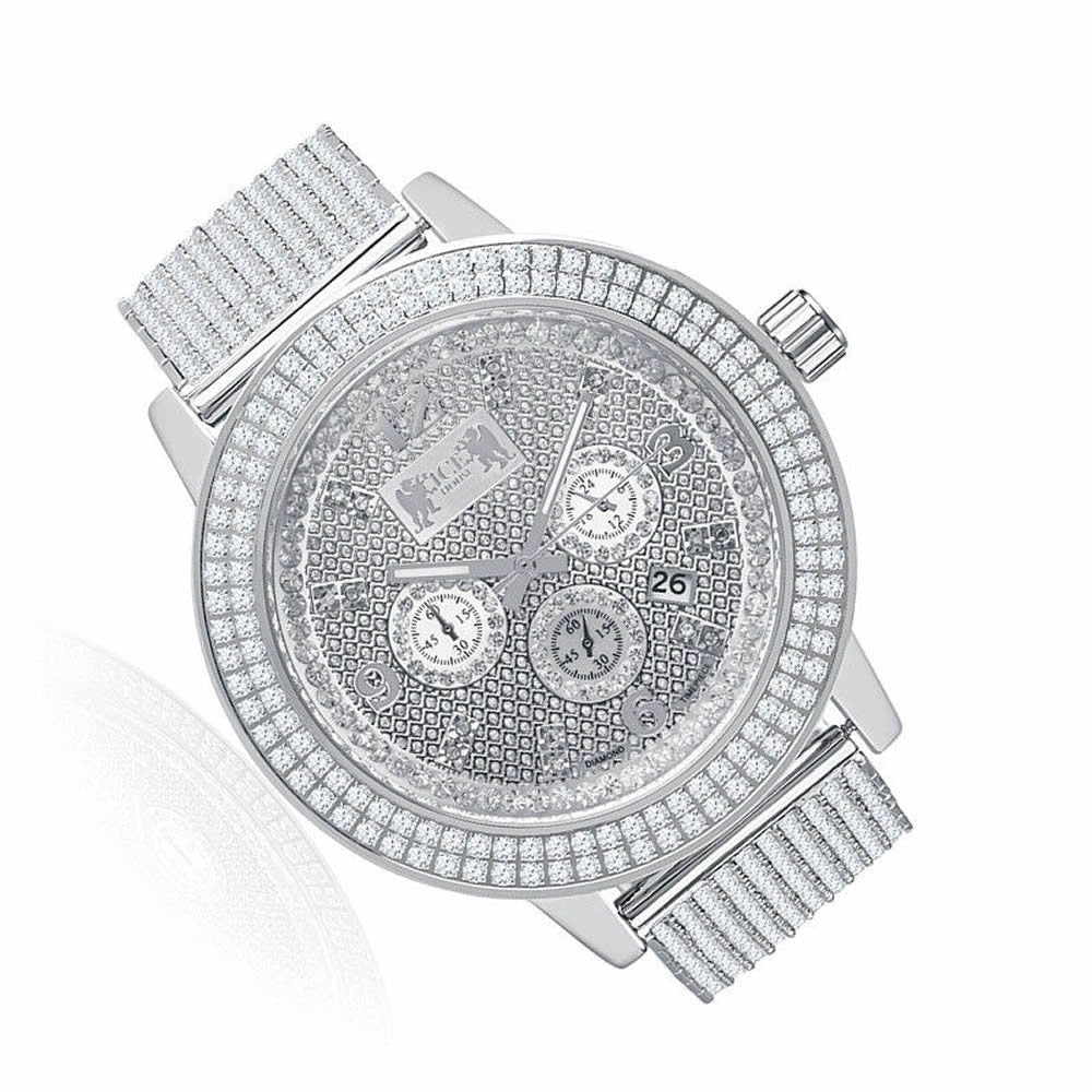 Solid Stainless Steel Bezel White Gold Tone Genuine Diamond Dial Khronos Joe Rodeo Custom Band Mens Watch