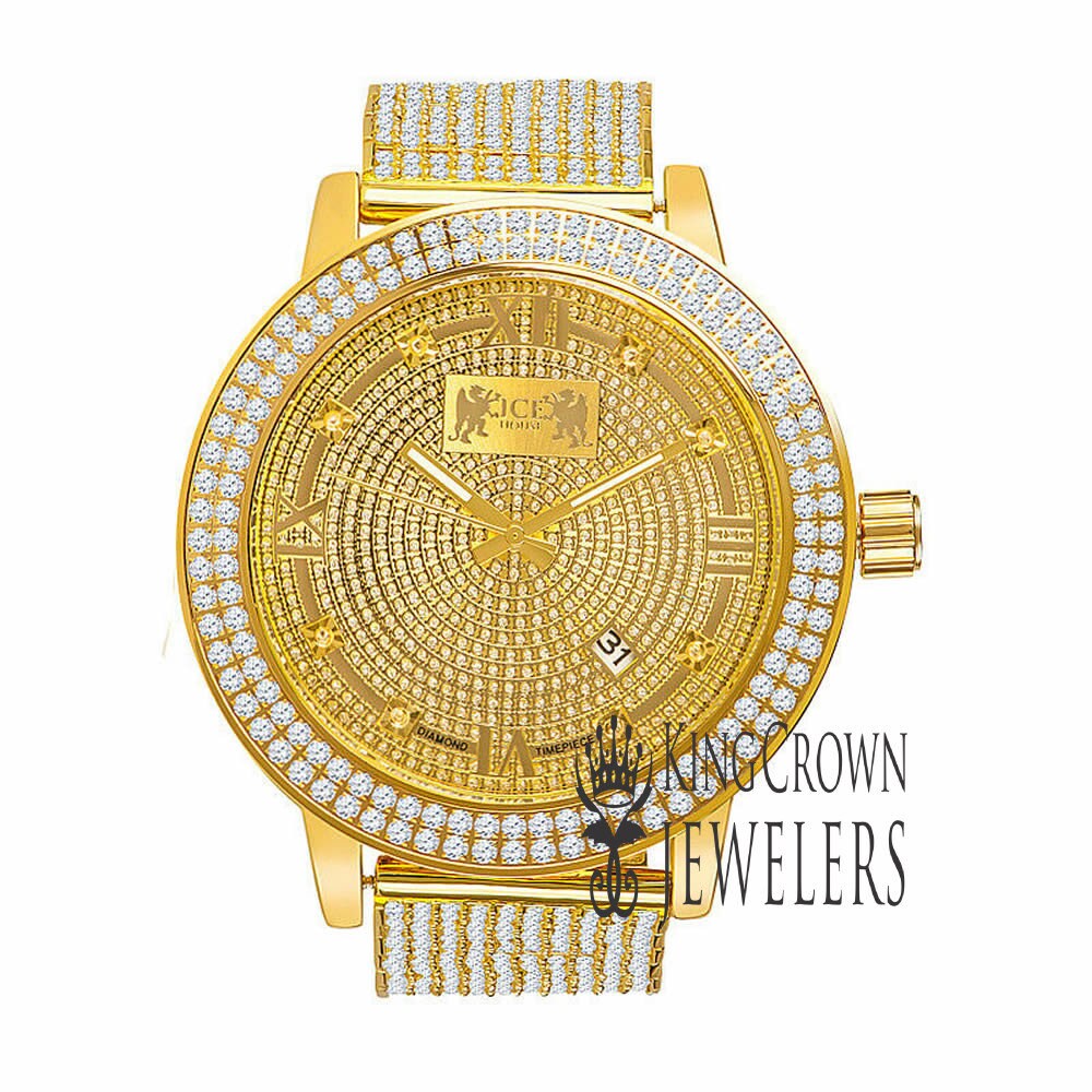 Roman Face Solid Stainless Steel Bezel Yellow Gold Tone Real Diamond Dial Khronos Joe Rodeo Custom Band Mens Watch