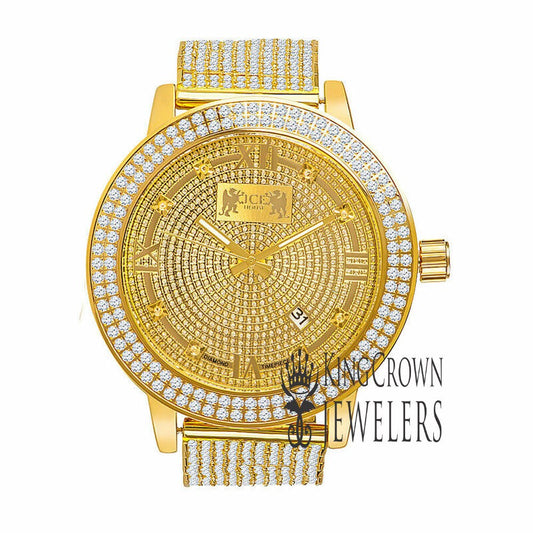 Roman Face Solid Stainless Steel Bezel Yellow Gold Tone Real Diamond Dial Khronos Joe Rodeo Custom Band Mens Watch