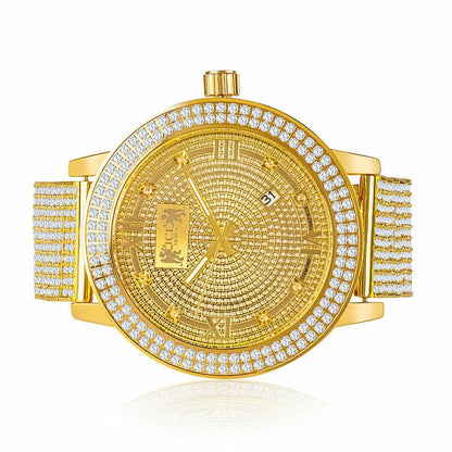 Roman Face Solid Stainless Steel Bezel Yellow Gold Tone Real Diamond Dial Khronos Joe Rodeo Custom Band Mens Watch