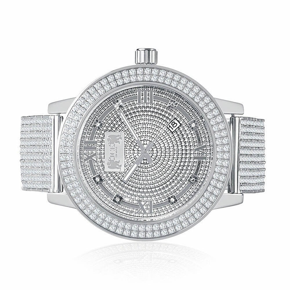 Roman Face Solid Stainless Steel Bezel White Gold Tone Real Diamond Dial Khronos Joe Rodeo Custom Band Mens Watch
