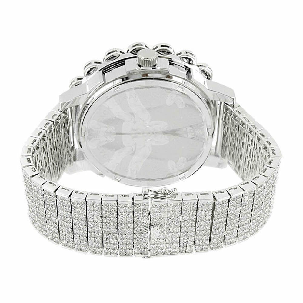 Roman Face Solid Stainless Steel Bezel White Gold Tone Real Diamond Dial Khronos Joe Rodeo Custom Band Mens Watch