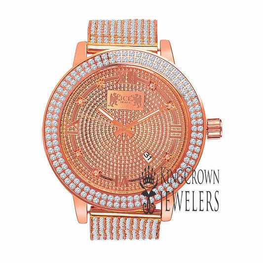 Roman Face Solid Stainless Steel Bezel Rose Gold Tone Real Diamond Dial Khronos Joe Rodeo Custom Band Mens Watch