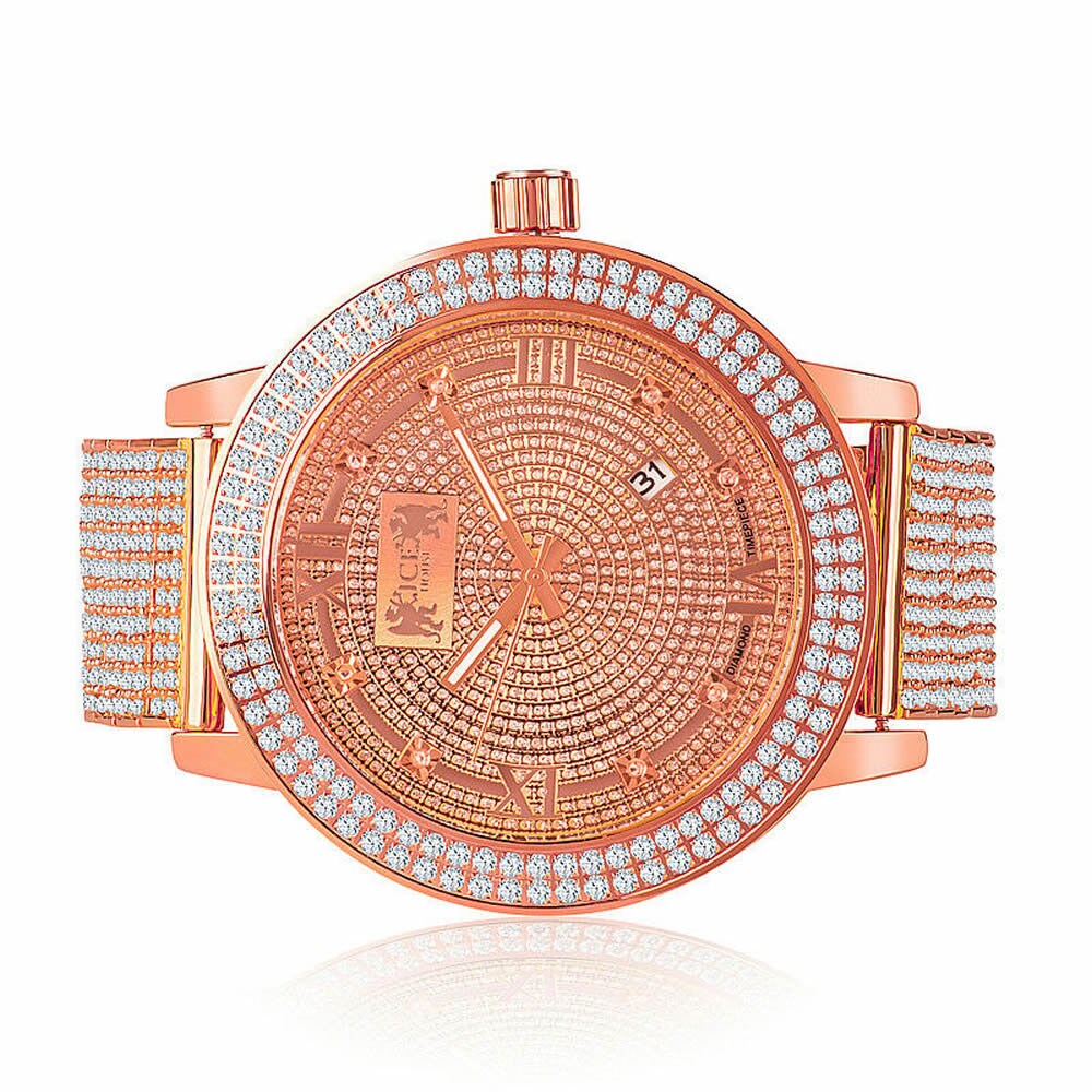 Roman Face Solid Stainless Steel Bezel Rose Gold Tone Real Diamond Dial Khronos Joe Rodeo Custom Band Mens Watch