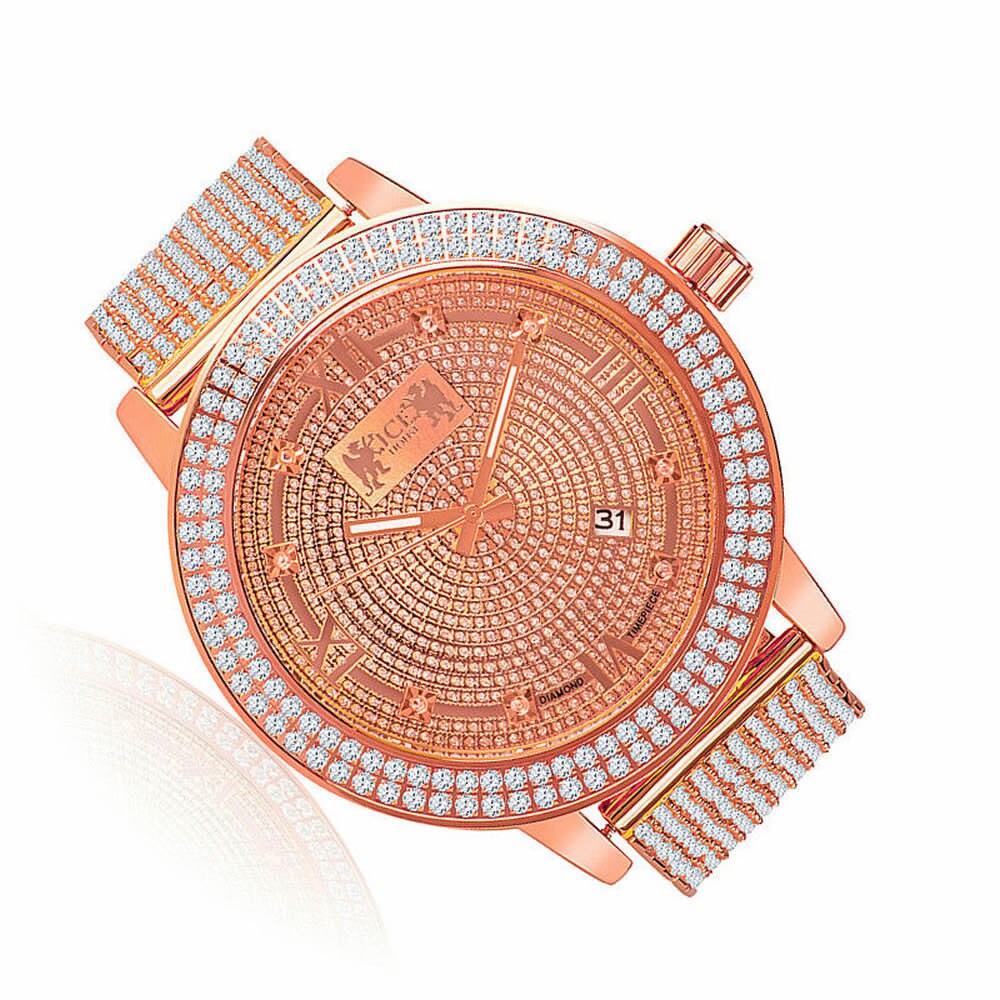 Roman Face Solid Stainless Steel Bezel Rose Gold Tone Real Diamond Dial Khronos Joe Rodeo Custom Band Mens Watch