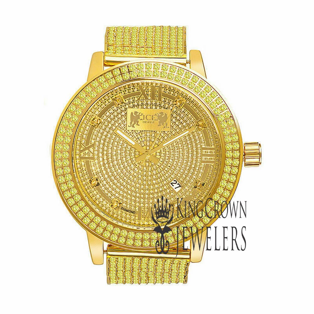 Canary Gold Tone Roman Face Solid Stainless Steel Bezel Real Diamond Dial Khronos Joe Rodeo Custom Band Mens Watch