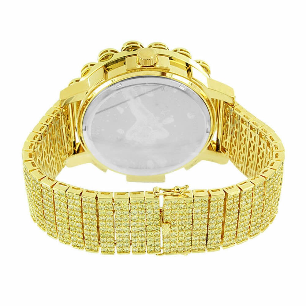 Canary Gold Tone Roman Face Solid Stainless Steel Bezel Real Diamond Dial Khronos Joe Rodeo Custom Band Mens Watch