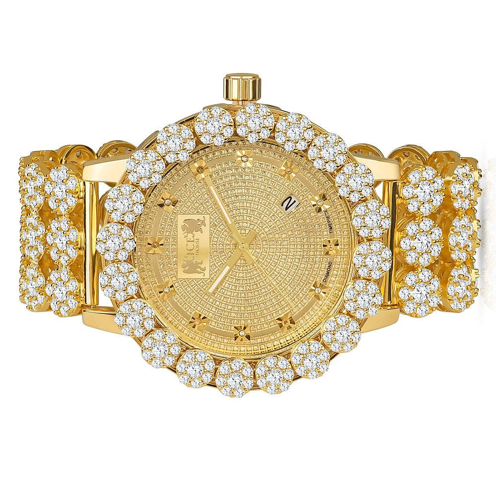 18k Yellow Gold Finish Simulated Diamond 5 ATM Water Resistant Solid Steel Back Flower Bezel Band Custom Men's Watch Analog Big 55mm W/Date