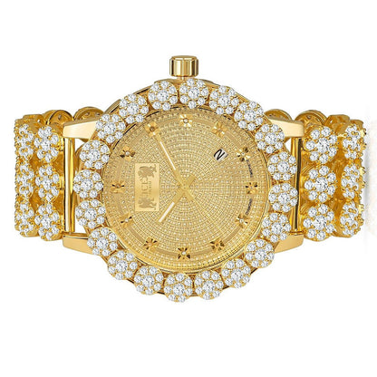 18k Yellow Gold Finish Simulated Diamond 5 ATM Water Resistant Solid Steel Back Flower Bezel Band Custom Men's Watch Analog Big 55mm W/Date