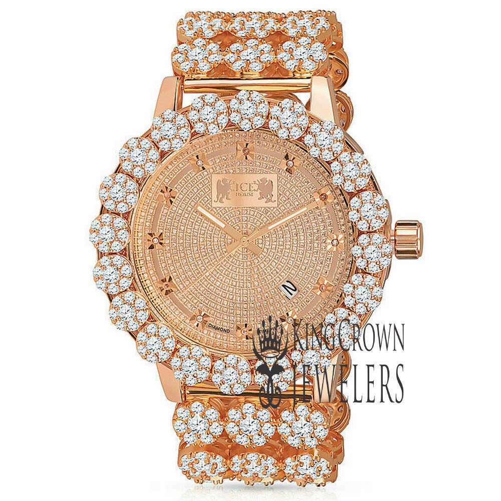 18k Rose Gold Finish Simulated Diamond 5 ATM Water Resistant Solid Steel Back Flower Bezel Band Custom Men's Watch Analog Big 55mm W/Date