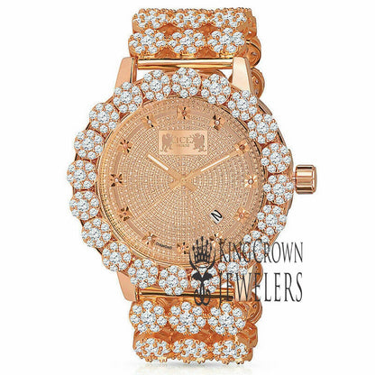 18k Rose Gold Finish Simulated Diamond 5 ATM Water Resistant Solid Steel Back Flower Bezel Band Custom Men's Watch Analog Big 55mm W/Date