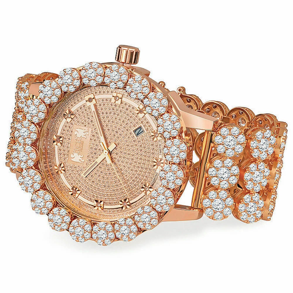 18k Rose Gold Finish Simulated Diamond 5 ATM Water Resistant Solid Steel Back Flower Bezel Band Custom Men's Watch Analog Big 55mm W/Date