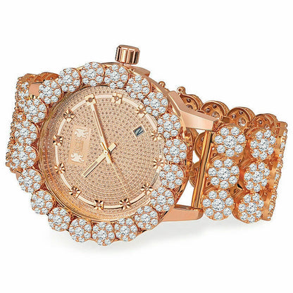 18k Rose Gold Finish Simulated Diamond 5 ATM Water Resistant Solid Steel Back Flower Bezel Band Custom Men's Watch Analog Big 55mm W/Date