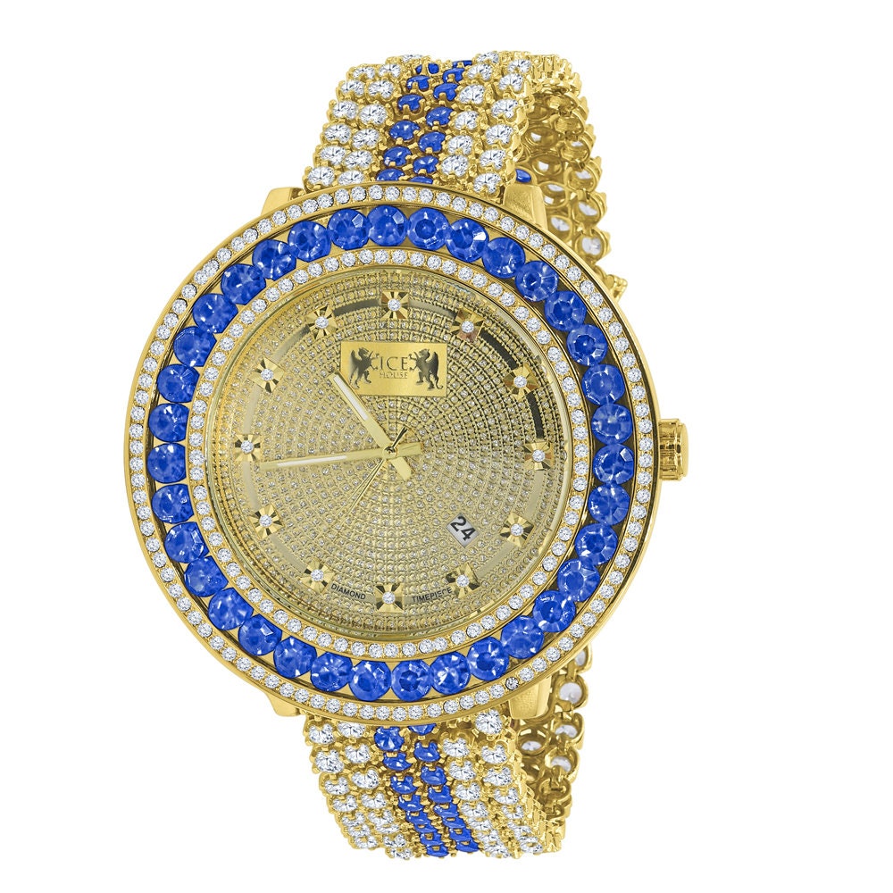 Blue Sapphire Real Genuine Diamond Mens Custom Watch 18K Yellow Gold Finish Adjustable Size Band W/Date Function