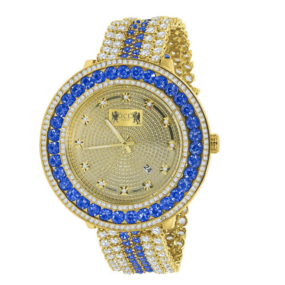 Blue Sapphire Real Genuine Diamond Mens Custom Watch 18K Yellow Gold Finish Adjustable Size Band W/Date Function