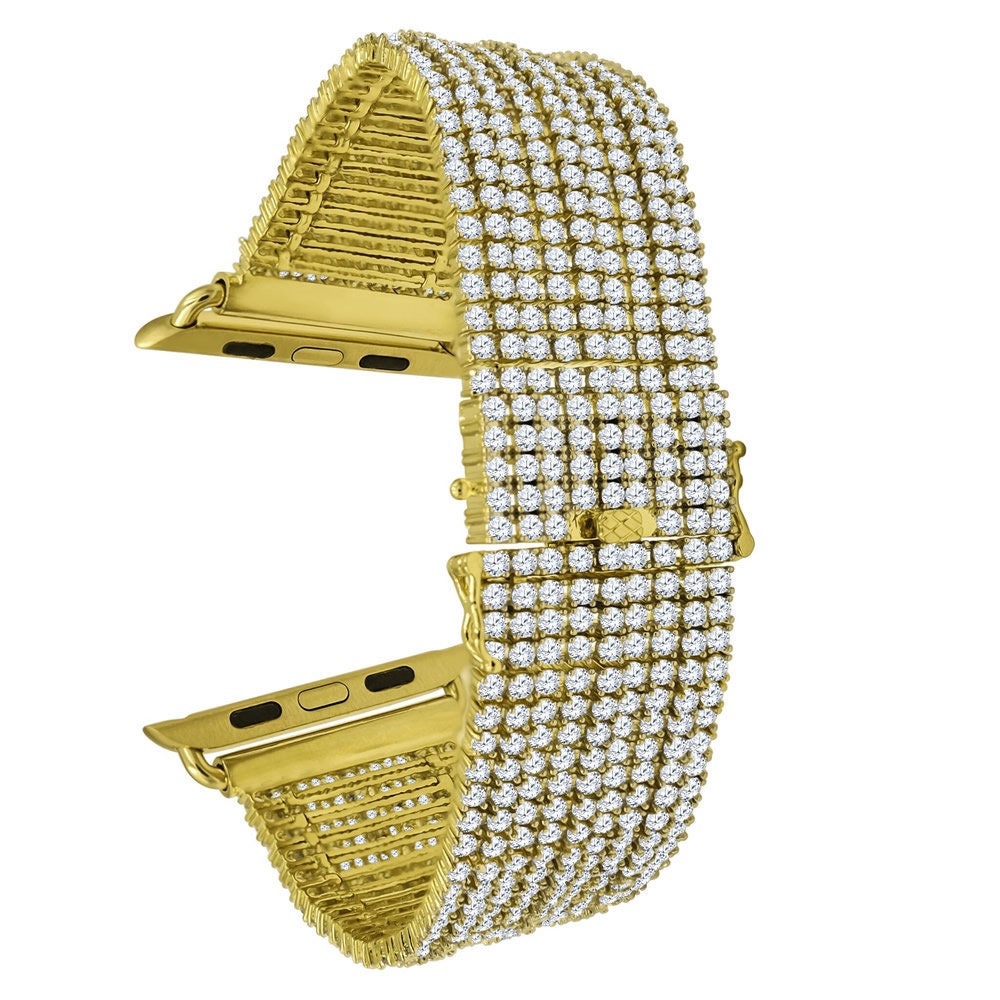 Apple Watch Series # 4 Wristband Replacement Bracelet 44mm Simulated Diamond 14K Gold Finish Iced Out Micro Pave Custom Band