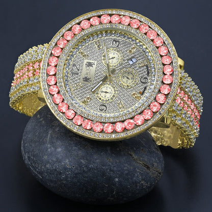Pink Tourmaline 18K Yellow Gold Finish Real Diamond Face Iced Out Bezel & Band Mens Custom Watch W/Date Function