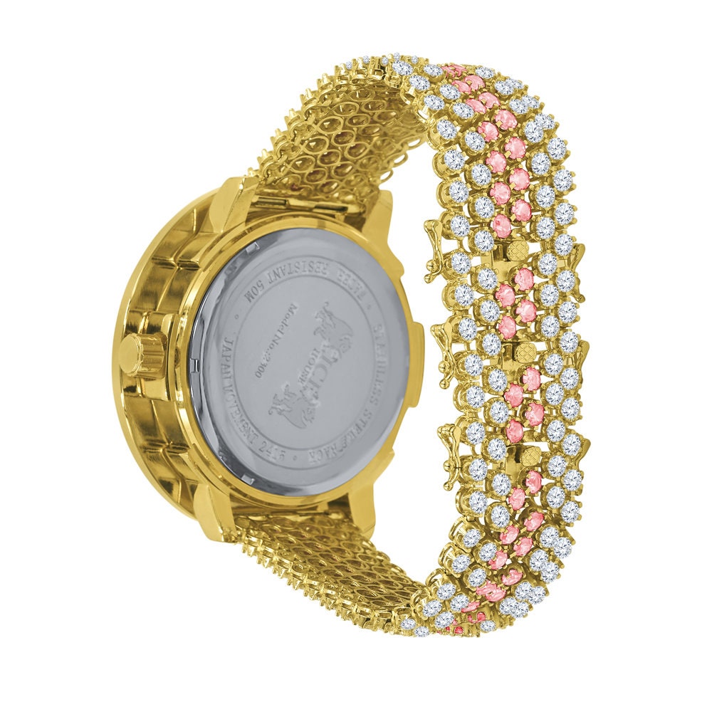 Pink Tourmaline 18K Yellow Gold Finish Real Diamond Face Iced Out Bezel & Band Mens Custom Watch W/Date Function