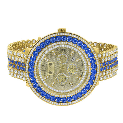 18K Yellow Gold Finish Real Diamond Face Iced Out Bezel & Band Blue Sapphire Mens Custom Watch W/Date Function