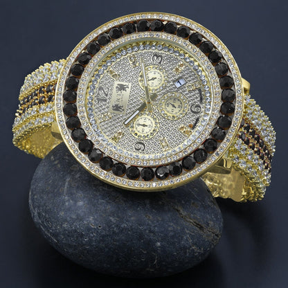 Mens 18K Yellow Gold Finish Real Diamond Face Iced Out Bezel & Band Black Onyx Custom Watch W/Date Function