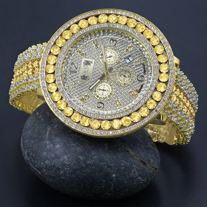 Big Bold Mens Genuine Diamond Dial Canary Face Gold Finish Iced Out Custom Watch W/Date Function