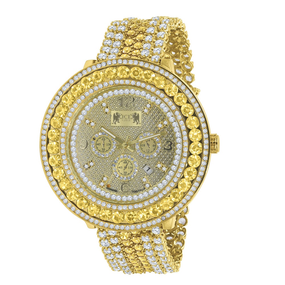 Big Bold Mens Genuine Diamond Dial Canary Face Gold Finish Iced Out Custom Watch W/Date Function
