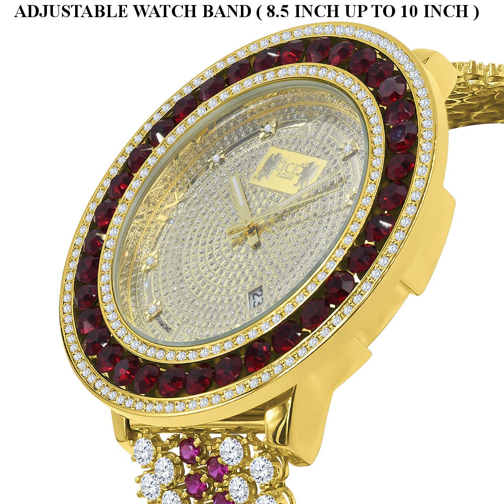 Solitaire Iced Out Bezel Real Diamond Dial Roman Face Ruby Red Mens Adjustable Size Custom Watch W/Date Function