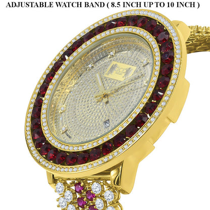 Solitaire Iced Out Bezel Real Diamond Dial Roman Face Ruby Red Mens Adjustable Size Custom Watch W/Date Function