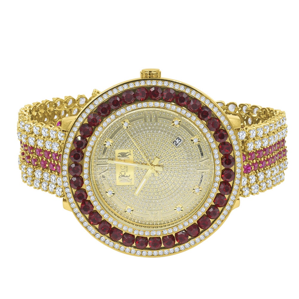 Solitaire Iced Out Bezel Real Diamond Dial Roman Face Ruby Red Mens Adjustable Size Custom Watch W/Date Function