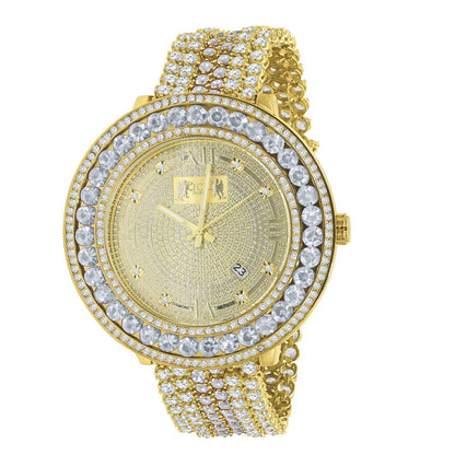 Iced Out Solitaire Bezel Real Diamond Dial Roman Face 18K Gold Finish Mens Adjustable Size Custom Watch W/Date