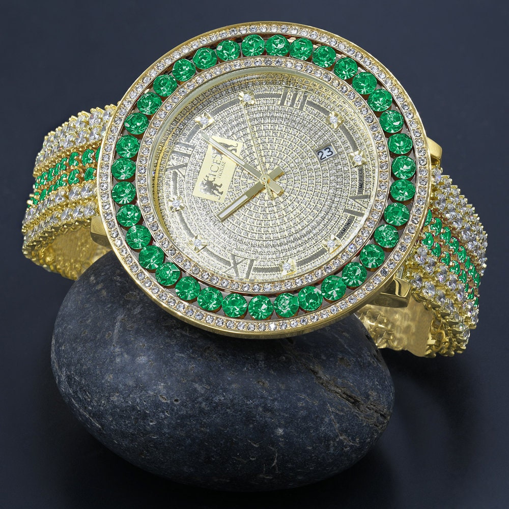 Mens Real Diamond Dial Iced Out Solitaire Bezel Roman Face 18K Gold Finish Green Emerald Adjustable Size Custom Watch W/Date