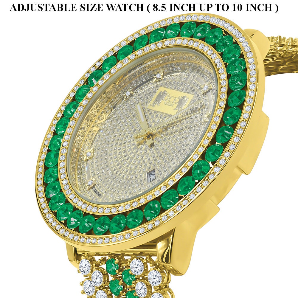 Mens Real Diamond Dial Iced Out Solitaire Bezel Roman Face 18K Gold Finish Green Emerald Adjustable Size Custom Watch W/Date