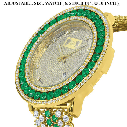 Mens Real Diamond Dial Iced Out Solitaire Bezel Roman Face 18K Gold Finish Green Emerald Adjustable Size Custom Watch W/Date