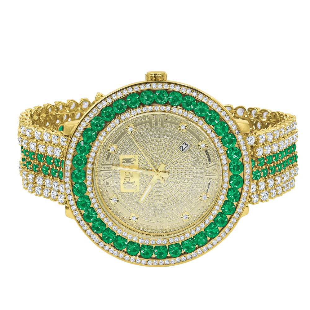 Mens Real Diamond Dial Iced Out Solitaire Bezel Roman Face 18K Gold Finish Green Emerald Adjustable Size Custom Watch W/Date