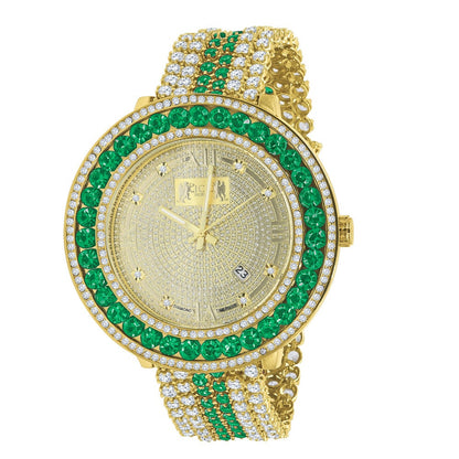 Mens Real Diamond Dial Iced Out Solitaire Bezel Roman Face 18K Gold Finish Green Emerald Adjustable Size Custom Watch W/Date