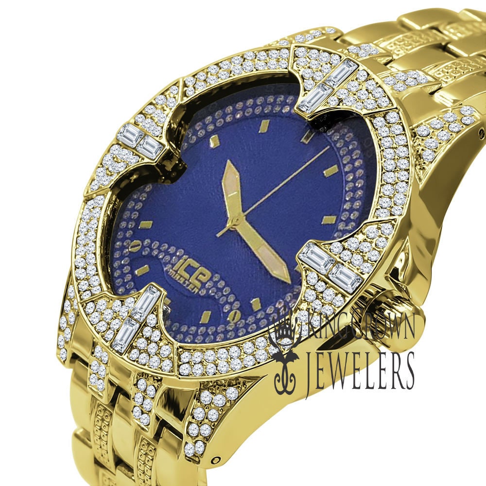 Yellow Gold Tone Blue Dial Quartz Watch Simulated Diamond Steel Back Metal Link Watch Water Resistance: