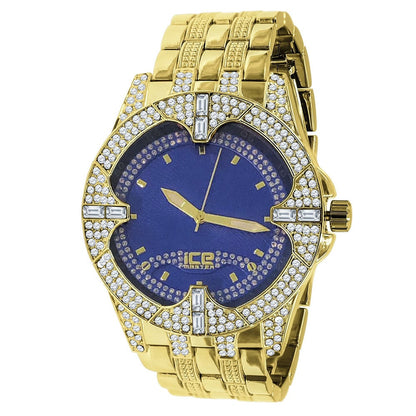 Yellow Gold Tone Blue Dial Quartz Watch Simulated Diamond Steel Back Metal Link Watch Water Resistance: