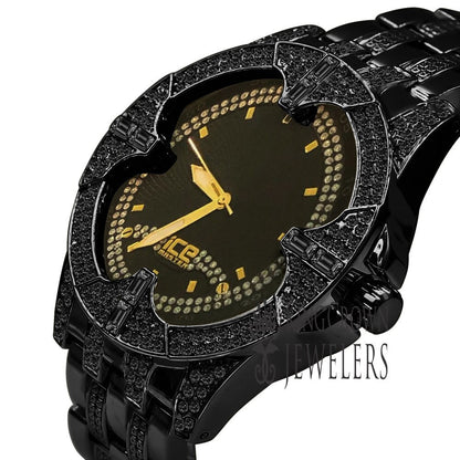 Black Gold Finish 2 Tone Dial Simulated Diamond Mens Metal Link Watch Water Resistance: 46mm