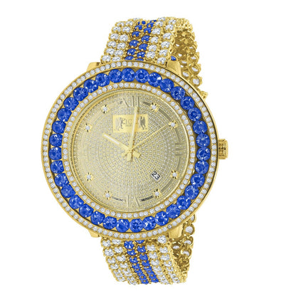Mens Real Diamond Dial Blue Sapphire Iced Out Solitaire Bezel Roman Face 18K Gold Finish Adjustable Size Custom Watch W/Date
