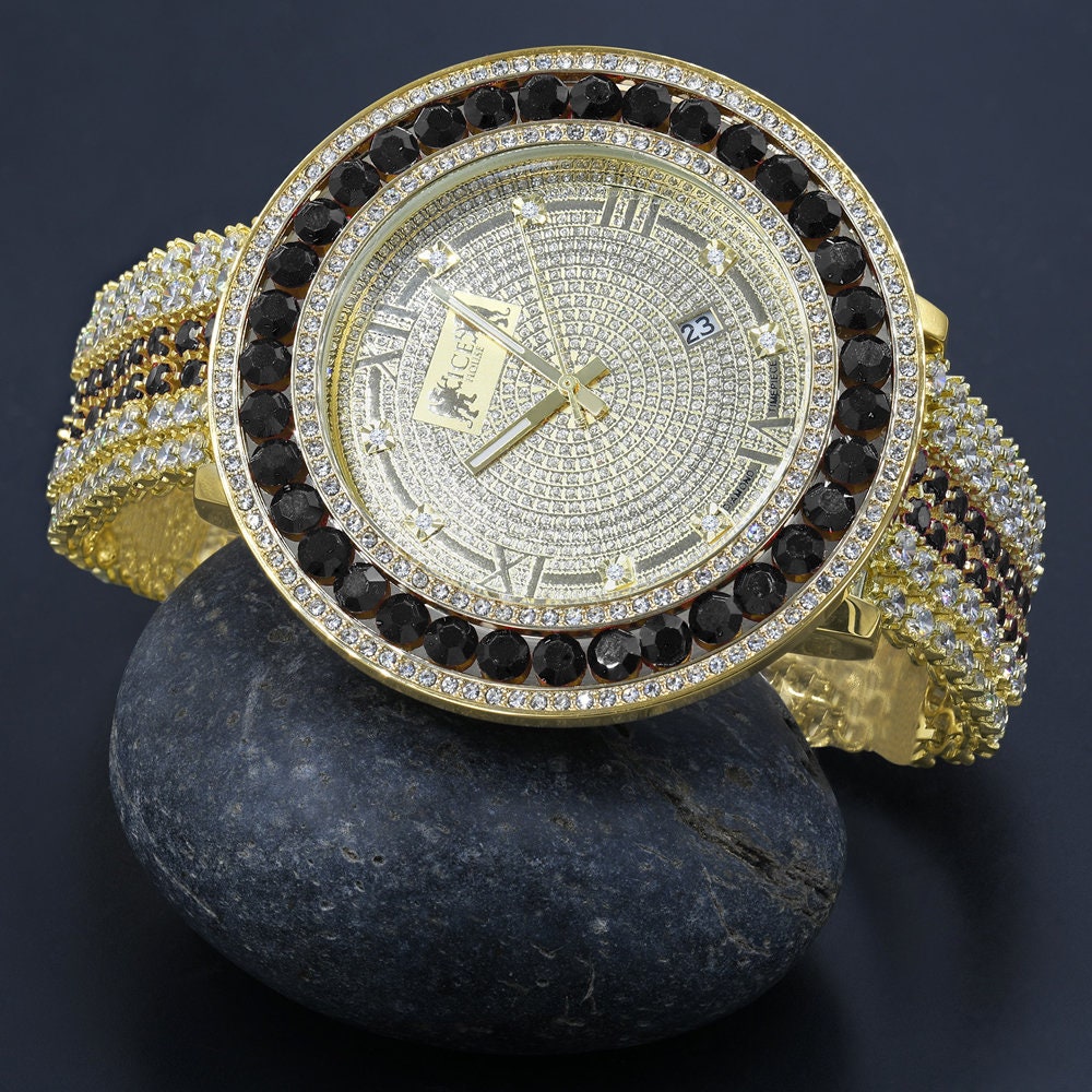 Roman Face Real Diamond Dial Black Onyx Iced Out Solitaire Bezel 18K Gold Finish Adjustable Size Custom Watch W/Date