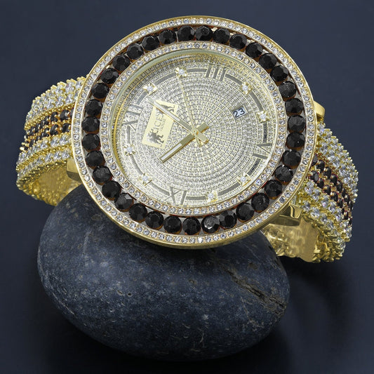 Roman Face Real Diamond Dial Black Onyx Iced Out Solitaire Bezel 18K Gold Finish Adjustable Size Custom Watch W/Date
