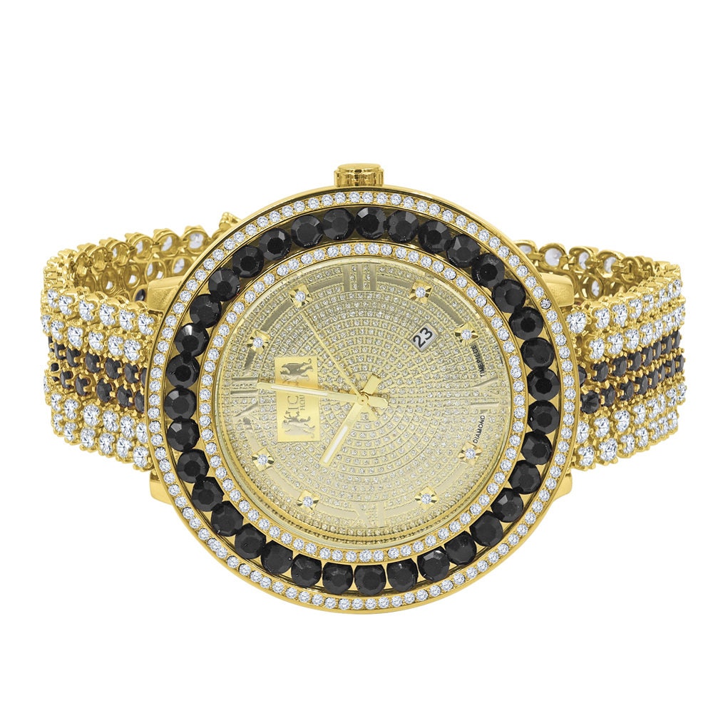 Roman Face Real Diamond Dial Black Onyx Iced Out Solitaire Bezel 18K Gold Finish Adjustable Size Custom Watch W/Date