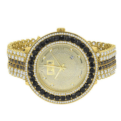 Roman Face Real Diamond Dial Black Onyx Iced Out Solitaire Bezel 18K Gold Finish Adjustable Size Custom Watch W/Date