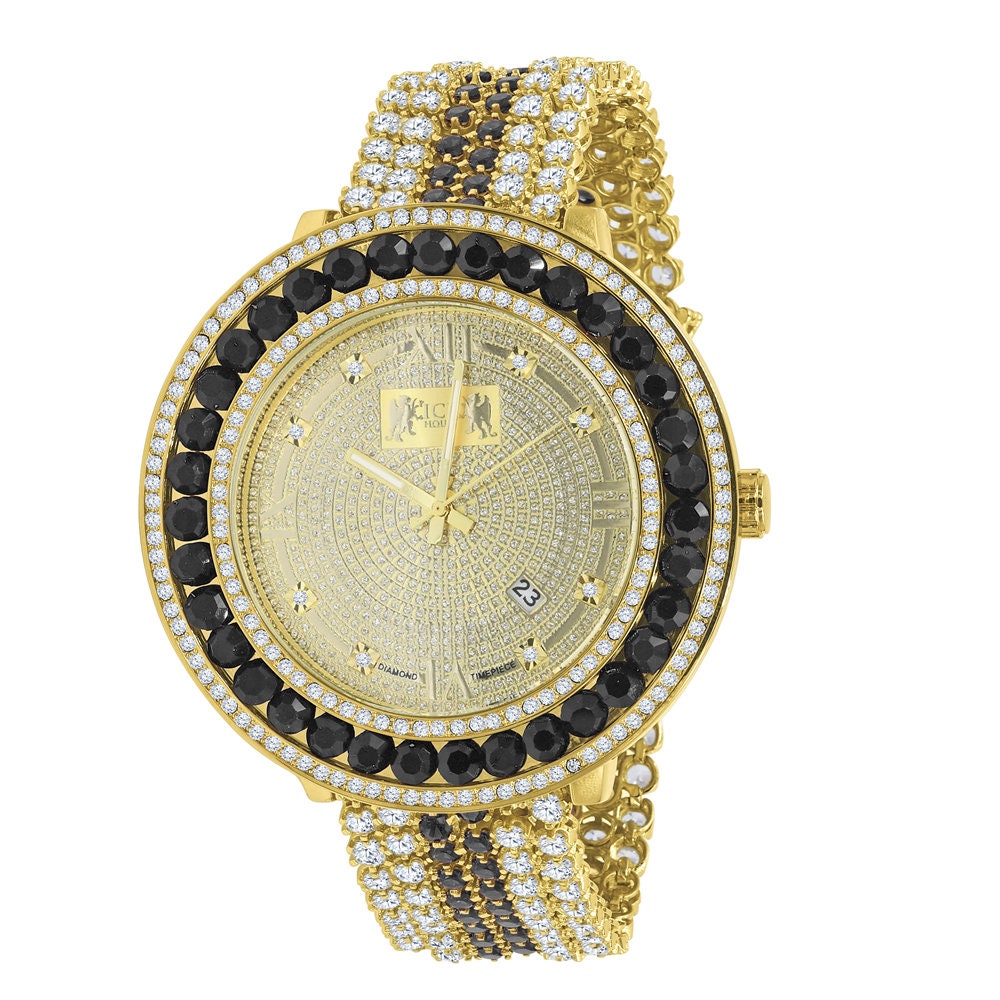 Roman Face Real Diamond Dial Black Onyx Iced Out Solitaire Bezel 18K Gold Finish Adjustable Size Custom Watch W/Date