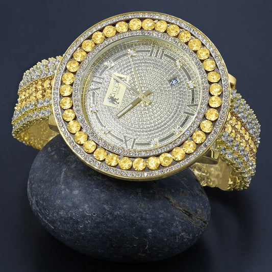 Roman Face Real Diamond Dial Canary Iced Out Solitaire Bezel 18K Gold Finish Adjustable Size Custom Watch W/Date