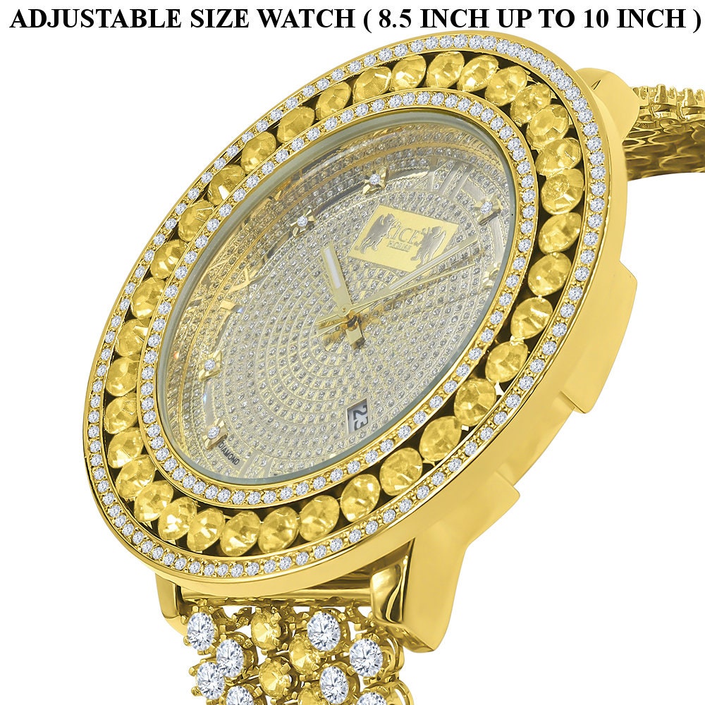 Roman Face Real Diamond Dial Canary Iced Out Solitaire Bezel 18K Gold Finish Adjustable Size Custom Watch W/Date