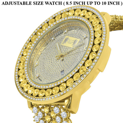 Roman Face Real Diamond Dial Canary Iced Out Solitaire Bezel 18K Gold Finish Adjustable Size Custom Watch W/Date
