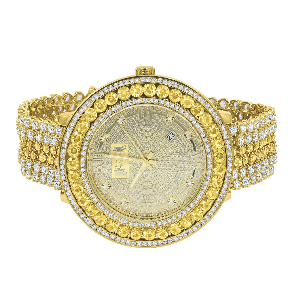 Roman Face Real Diamond Dial Canary Iced Out Solitaire Bezel 18K Gold Finish Adjustable Size Custom Watch W/Date